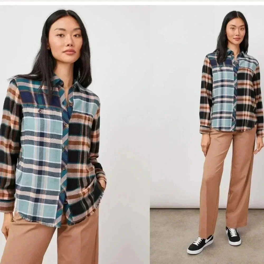 RAILS Brando Mixed Plaid Button Up Shirt Brown and Blue Fall Cozy Size Small